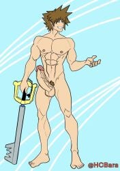 1boy abs athletic athletic_male balls bara barazoku barefoot big_balls big_penis blue_eyes brown_hair brown_pubes disney erect_penis erection genitals hcbara hi_res keyblade kingdom_hearts looking_at_viewer male male_focus male_only nipples nude nude_male pecs penis pink_nipples pubes pubic_hair smile smiling smiling_at_viewer solo solo_focus solo_male sora_(kingdom_hearts) spiky_hair square_enix vein veiny_penis weapon