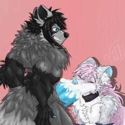 1:1 ailurid big_penis blush bodily_fluids collar cum cum_in_mouth cum_inside draconicvail dripping duo fellatio furry genital_fluids genitals hair hi_res huge_penis hyena long_hair looking_down male male/male mammal muscular muscular_male neck_tuft oral penile penis pink_hair precum precum_drip red_panda sex tuft