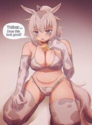 ahoge animal_ears blonde_hair blue_eyes blush breasts cow_bikini english_text female female_pubic_hair grey_hair grey_pubic_hair hair_between_eyes highres horse_ears horse_girl horse_tail long_hair m1ke m1ke021 oguri_cap_(umamusume) open_mouth purple_eyes simple_background stomach tail thighhighs trainer_(umamusume) umamusume very_long_hair