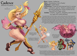 ass barefoot blonde_hair bracers breasts cadence_(markydaysaid) character_profile character_sheet dress female freckles green_eyes hair_bow leg_armor long_hair looking_at_viewer markydaysaid multiple_girls nude open_toe_shoes original pink_dress side_view transparent_clothing weapon