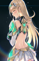 ass back bangs bare_shoulders black_background blush breasts dress earrings elbow_gloves female gem gloves gradient gradient_background highres hikari_(xenoblade_2) hinot inoue_takuya_(pixiv_99697) jewelry large_breasts long_hair looking_at_viewer looking_back mythra nintendo short_dress shoulder_armor sidelocks solo swept_bangs tiara white_dress white_gloves xenoblade_(series) xenoblade_chronicles_2 yellow_eyes