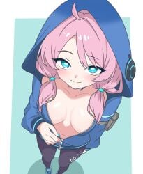1girls :) ahoge aqua_eyes arknights blue_poison_(arknights) blush breasts clothes cute eggplant7217 eyelashes female female_only full_body hood hoodie leggings light-skinned_female light_skin looking_at_viewer looking_up looking_up_at_partner low_twintails medium_breasts nail_polish navel no_bra open_clothes pink_hair pov shoes smile solo standing twintails unzipping