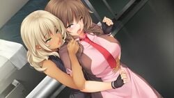 2girls blonde_hair breasts brown_eyes brown_hair erica(galaxy_girls) eyebrows_through_hair green_eyes needle sara(galaxy_girls) smiling tagme yuri