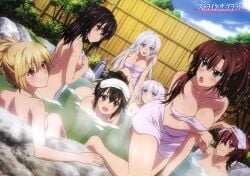 10s 6+girls :d :o absurdres aiba_asagi akatsuki_nagisa artist_request black_hair blonde_hair blue_eyes breasts brown_eyes brown_hair cleavage copyright_name covering_breasts covering_privates green_eyes highres himeragi_yukina kanase_kanon kirasaka_sayaka la_folia_rihavein large_breasts long_hair multiple_girls naked_towel nude nude_cover official_art onsen open_mouth partially_submerged purple_eyes short_hair silver_hair smile strike_the_blood tokoyogi_yuuma topless_female towel wet