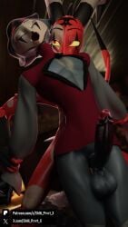 2boys 3d anal anal_sex apartment avian avian_demon blender blitzo_(helluva_boss) bottomless chest_window dilf fancy_clothing feathers fingerless_gloves furry gay gay_anal gay_sex grabbing_wrists height_difference hellaverse helluva_boss horns imp looking_at_partner looking_pleasured neck_bite open_shirt owl owl_demon partially_clothed red_eyes shhi_prvrt_x standing_sex stolas_(helluva_boss) tail