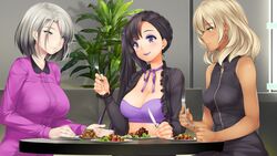 3girls bare_shoulders big_breasts black_hair blonde_hair breasts clothed clothes clothing dharker_studios emilia(galaxy_girls) eyebrows_through_hair female female_only fully_clothed galaxy_girls human human_only humanoid kopianget kotoha(galaxy_girls) large_breasts purple_eyes sara(galaxy_girls) silver_eyes smiling tagme white_hair