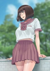 1girl chichimaro female female_only glasses medium_hair school_uniform