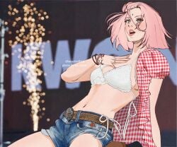 1girls 2d 2d_(artwork) 2d_artwork anime anime_character belly belly_button blue_shorts bra breasts digital digital_art digital_drawing digital_drawing_(artwork) digital_media digital_media_(artwork) drawing elbows fanart female female_focus female_only fingernails fingers fit_female forehead_mark frilled_bra frilled_underwear green-eyed_female green_eyes hanarteoficial hand_on_chest hand_on_own_chest haruno_sakura jean_shorts kunoichi landscape lean_figure linea_alba lip_gloss lips lipstick manga_character midriff nail_polish nails narrow_waist naruto naruto_(series) naruto_shippuden navel ninja open_mouth parted_lips petite petite_body petite_breasts petite_female petite_girl petite_tits pink-haired_female pink_hair pink_hair_female pink_lips pink_lipstick posing posing_for_the_viewer red_fingernails red_nail_polish red_nails rings sakura_haruno shonen_jump short_hair shorts shoulders shueisha slender_body slender_waist slim_female slim_waist small_boobs small_breasts small_tits solo stomach studio_pierrot thighs three-quarter_view tiny_breasts tiny_tits tongue top_view touching_chest underwear upper_body upper_teeth weekly_shonen_jump white_bra white_underwear