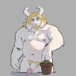 1boy anthro asgore_dreemurr asgore_dreemurr_(deltarune) bara bear_(body_type) beard blonde blonde_hair blonde_male blue_eyes bra deltarune dilf erect_penis erection facial_hair furry goat goat_horns horn horns huskyralvar long_ears male male_only muscular muscular_male naked naked_male penis penis_out solo solo_focus solo_male standing undertale undertale_(series) utdr_(toby_fox) white_body white_fur