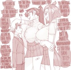 1boy 2girls ass big_ass big_breasts breasts bullying ekz english_text female height_difference huge_breasts humiliation instant_loss_2koma larger_female male monochrome school_uniform smaller_male taller_girl text