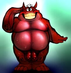 2_penises absurd_res alien anthro awkward awkward_moment awkward_smile balls belly big_balls bodily_fluids booster_sinclair_munchapper buzz_lightyear_of_star_command disney embarrassing_nudity floating_eyebrows genitals gesture hi_res humanoid_genitalia humanoid_penis male moobs multi_genitalia multi_penis nude overweight penile penis pixar salute simple_background solo spacedustbeast sweat teeth