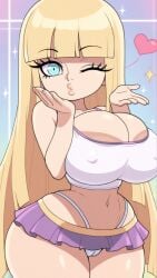 ai_generated bangs blonde_hair blowing_kiss blue_eyes cameltoe cleavage highres ice_blue_eyes large_breasts long_eyelashes long_hair looking_at_viewer microskirt narrow_waist nipple_bulge one_eye_closed pacifica_northwest sports_bra thebillai white_panties wide_hips wink winking_at_viewer