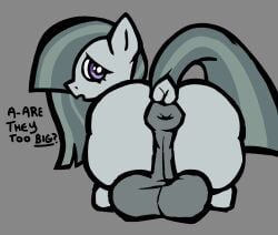 animal_genitalia anus balls big_balls butt catponything dialogue earth_pony equid equine equine_anus equine_genitalia feral friendship_is_magic genitals gynomorph hasbro hi_res horse intersex looking_at_viewer looking_back lying mammal marble_pie_(mlp) my_little_pony on_front perineum pony puffy_anus saggy_balls solo talking_to_viewer