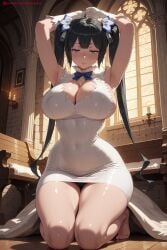 1girl ai_generated armpits arms_up barefoot black_hair blue_eyes blue_ribbon blush breasts cleavage cleavage_cutout covered_navel dress dungeon_ni_deai_wo_motomeru_no_wa_machigatteiru_darou_ka gloves hair_ornament hair_ribbon hestia_(danmachi) hi_res high_quality high_resolution kiraamane kneeling large_breasts long_hair looking_at_viewer patreon pencil_dress rei_no_himo ribbon seductive sexy solo thick_thighs twintails uncensored very_long_hair watermark white_dress white_gloves