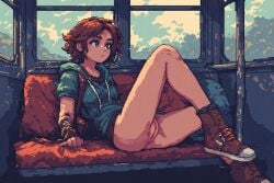 1female 1girl 1girls ai_generated bottomless bottomless_female brown-haired_female brown_hair pixel_art shoes shoes_on shoes_without_bottomwear tomboy topwear