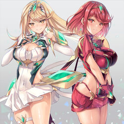 2girls bangs bare_shoulders black_gloves blonde_hair blush breasts chest_jewel cleavage cleavage_cutout closed_mouth dress earrings elbow_gloves faulds fingerless_gloves gem gloves grey_background hands_on_own_chest headpiece highres hinot inoue_takuya_(pixiv_99697) jewelry large_breasts long_hair looking_at_viewer multiple_girls mythra nintendo pyra red_eyes red_hair red_shorts short_dress short_hair shorts shoulder_armor smile swept_bangs thigh_strap thighs tiara white_dress white_gloves wind wind_lift xenoblade_(series) xenoblade_chronicles_2 yellow_eyes