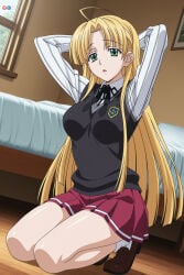 1boy 1girl absurdres adult ahoge ai_assisted ai_generated arms_behind_head arms_up asia_argento bangs bed bedroom big_breasts black_ribbon blonde_hair breasts brown_footwear female green_eyes heeven high_school_dxd highres indoors kneeling loafers long_hair long_sleeves looking_at_viewer male mature miniskirt on_bed open_mouth patreon patreon_username perfect_body pleated_skirt red_skirt ribbon school_uniform sensitive shirt shoes skirt socks solo uncensored very_long_hair white_shirt white_socks window