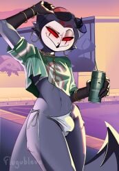 anthro avian beak bikini bird bulge clothed clothing crop_top demon femboy flugublue grand_theft_auto grand_theft_auto_vi gta_vi_cover_girl hellaverse helluva_boss male meme navel o-ring o-ring_bikini owl owl_demon red_eyes rockstar_games shirt solo stolas_(helluva_boss) sunglasses sunglasses_on_head tagme tail topwear