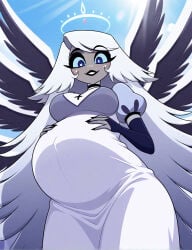 ai_generated angel emily_(hazbin_hotel) female freckles freckles_on_face hazbin_hotel hyper_pregnancy looking_down looking_down_at_viewer pregnant pregnant_belly pregnant_female