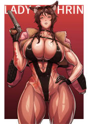 1girl, abs, animal at aviator background, black breasts, brown cameltoe, cat choker, cleavage, covered ears, female, fingerless floral gloves, gun, hair, hand handgun, harness, head, highleg, hip, hips, holding huge kongman99 lady_qathrin large leaf, lingerie, long looking maple muscular navel, on open_jacket pink_jacket pistol, red shiny skin, slingshot solo, sunglasses sunglasses, sweat, swimsuit, tattoo, text, thick thighs, underboob, viewer, wide