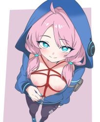 1girls :) ahoge aqua_eyes areolae arknights blue_poison_(arknights) blush breasts breasts_out clothes cute eggplant7217 exposed_breasts eyelashes female female_only full_body hood hoodie leggings light-skinned_female light_skin looking_at_viewer looking_up looking_up_at_partner low_twintails medium_breasts nail_polish navel nipples no_bra open_clothes pink_hair pov presenting presenting_breasts rope rope_bondage shibari shoes smile solo standing twintails unzipping