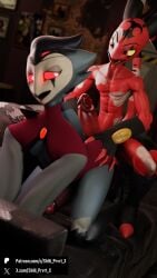 2boys 3d apartment avian avian_demon blender blitzo_(helluva_boss) boots bottomless chest_window dick_between_ass dilf fancy_clothing feathers fingerless_gloves furry gay grabbing_ass height_difference hellaverse helluva_boss horns imminent_sex imp looking_at_partner looking_back on_all_fours on_couch open_shirt owl owl_demon partially_clothed penis_between_ass red_eyes shhi_prvrt_x stolas_(helluva_boss) tail tongue_out
