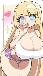 ai_generated bangs blonde_hair blue_eyes cameltoe cleavage fellatio_gesture highres ice_blue_eyes large_breasts long_eyelashes long_hair looking_at_viewer microskirt narrow_waist nipple_bulge ok_sign pacifica_northwest sports_bra thebillai white_panties wide_hips