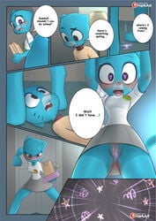 <3_eyes anthro blush bodily_fluids bottomless cartoon_network clothed clothing comic domestic_cat duo felid feline felis female genital_fluids genitals going_commando gumball_watterson harkart heart hi_res male mammal mother mother_and_child mother_and_son nicole_watterson no_panties parent parent_and_child punch pussy pussy_juice pussy_juice_drip raised_inner_eyebrows skirt son sweat text the_amazing_world_of_gumball upskirt url young