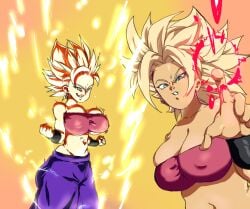 big_breasts blue_eyes caulifla crop_top dragon_ball dragon_ball_super glowing_hair pants yellow_hair