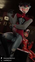 2boys 3d apartment avian avian_demon blender blitzo_(helluva_boss) bottomless chest_window dilf fancy_clothing feathers furry gay grabbing_penis height_difference hellaverse helluva_boss imminent_sex imp looking_at_partner looking_back on_couch open_shirt owl owl_demon partially_clothed red_eyes shhi_prvrt_x stolas_(helluva_boss)