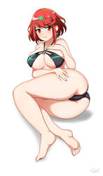 1girls ass bangs bikini blush breasts cameltoe cleavage closed_mouth earrings eyebrows_visible_through_hair feet female full_body hair_ornament hands hands_on_own_ass headpiece highres jewelry large_breasts legs looking_at_viewer nintendo one-piece_swimsuit pose pyra red_eyes red_hair shadow short_hair sideboob simple_background sitting smile solo sonicbluespeed swept_bangs swimsuit thighs tiara white_background xenoblade_(series) xenoblade_chronicles_2