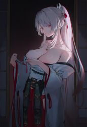 1girl 1girls ai_assisted areola_slip bare_shoulders breasts closed_mouth clothing_cutout female female_focus hakama hakama_skirt high_ponytail highres hip_vent hiyuki_(wuthering_waves) indoors j0ch3fvj6nd japanese_clothes jewelry kimono large_breasts looking_at_viewer mole mole_on_shoulder mole_under_eye necklace nipple_slip off_shoulder ponytail red_eyes red_hakama shouji skirt sliding_doors solo solo_female undressing very_long_hair white_eyelashes white_hair white_kimono wuthering_waves