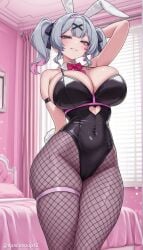 1girl ai_generated animal_ears arm_behind_back arm_behind_head arm_up bangs bare_shoulders bed black_leotard blush bow bowtie breasts cleavage covered_navel detached_collar earrings facial_mark fake_animal_ears fishnet_pantyhose fishnets grey_eyes grey_hair hair_ornament hair_ribbon hatsune_miku heart highleg highleg_leotard indoors large_breasts leotard looking_at_viewer multicolored_hair pantyhose parted_lips pink_hair playboy_bunny rabbit_ears rabbit_hole_(vocaloid) rabbit_tail ribbon skindentation smile solo strapless strapless_leotard streaked_hair tail thick_thighs thigh_strap thighs twintails virtual_youtuber vocaloid x_hair_ornament