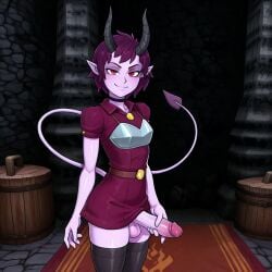 ai_generated demi futanari holding_penis horns lunacid_(video_game) presenting red_eyes smirk tail thighhighs