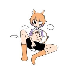 1girl alternate_design animal_ears black_eyes black_shorts cat_ears eyepatch female female_masturbation fingering fingering_pussy fingering_self flavor_foley gradient_hair masturbating masturbation medical_eyepatch mv_character nekomura_iroha nipples orange_hair orange_socks purple_hair shirt_lift short_hair simple_background sitting socks sweat synthesizer_v vocaloid voifoooork white_background