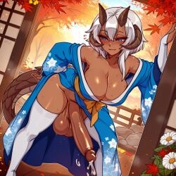 4_horns :3 ai_generated autumn bent_over blue_kimono bridal_gauntlets cleavage cum dark-skinned_female dragon_tail feet flower_print futanari half-closed_eyes hand_on_hip house huge_breasts huge_penis huge_testicles indie_virtual_youtuber japanese_clothes joyeusevt kneeling leaves no_shoes open_kimono precum precum_drip sky sliding_doors standing sweat tabi tiptoes virtual_youtuber vtuber vtuberfanart white_hair white_thighhighs