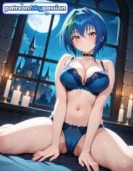 1girls 2026 ai_assisted ai_generated anime big_breasts blue_bra blue_panties boobs bra breasts bust busty green_hair hi_res high_quality high_resolution high_school_dxd highres large_breasts looking_at_viewer moonlight multicolored_hair navel night night_sky panties patreon patreon_username short_hair sky skypassion smile stable_diffusion tits underwear watermark window xenovia_quarta