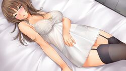 blush breasts brown_hair dharker_studios erica(galaxy_girls) eyebrows_through_hair galaxy_girls garter_straps kopianget negligee nightgown tagme thigh_highs