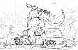 1girls 2d 2d_(artwork) anthro areolae ass ass_bigger_than_head back back_view backside big_ass big_breasts big_thighs breasts breasts_bigger_than_head calf_muscles deathclaw dirty dirty_clothing fallout female female_deathclaw high_heel_boots high_heels holding_object holding_weapon horns huge_ass huge_breasts huge_female huge_thighs jumpsuit knee_up large_female larger_female massive_ass massive_thighs microsoft mini_nuke monochrome monster monster_girl muscular muscular_arms nikolai_ nipples pussy pussy_visible_through_clothes ripped_clothing scalie scar sideboob sketch solo solo_female solo_focus tail taller_female thighs thighs_bigger_than_head tight_clothing vault_suit weapon weapon_over_shoulder