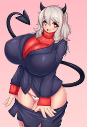 1girls big_breasts black_tail blush breasts demon demon_girl demon_horns demon_tail female heart-shaped_pupils helltaker huge_breasts human large_breasts modeus_(helltaker) panties red_eyes skirt_down straight_hair tail tailzkim undressing voluptuous white_hair white_panties wide_hips