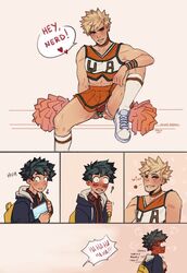 2boys buttplug cheerleader_uniform dialogue gay izuku_midoriya jockstrap katsuki_bakugou male male_cheerleader male_only my_hero_academia pom_poms spacenipnops u.a._cheerleader_outfit yaoi