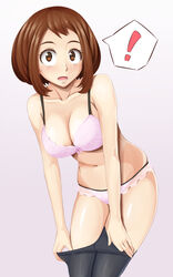 ! 1girls bra brown_eyes brown_hair cute female lingerie looking_at_viewer my_hero_academia ochako_uraraka panties shaito solo solo_female speech_bubble stockings surprised