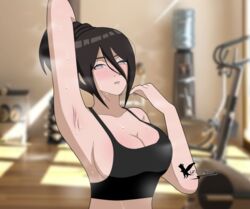 1girls after_workout agung911 armpit big_breasts biting_lip blush boruto:_naruto_next_generations breasts brown_hair cleavage female female_only gym hair_between_eyes hyuuga_hanabi looking_at_viewer naruto naruto_(series) one_arm_up sports_bra sportswear sweat sweatdrop tied_hair upper_body violet_eyes workout workout_clothes