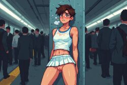 1female 1girl 1girls ai ai-created ai_generated blushing blushing_female brown_hair exposed_pussy miniskirt worried_expression