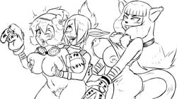 3girls accessory agitowolf_(artist) amalia ambiguous_penetration ankama anthro ass black_and_white bouncing_breasts breast_grab breasts butt_grab cleophee clothed clothing cra dofus ecaflip elf elf_ears eyewear felid female female/female female_only gloves goggles grin group group_sex hair hair_accessory hairband hand_on_breast hand_on_butt handwear humanoid looking_pleasured love_train lucky_pierrette mammal miranda_(wakfu) monochrome multiple_girls nipples nude partially_clothed penetration pubes sadida sex simple_background smile strap-on strap-on_train threesome train_position video_games wakfu white_background yuri