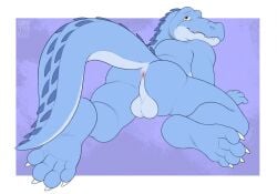 4_toes alligator alligatorid anthro anus balls blue_body butt claws colored crocodilian digital_drawing_(artwork) digital_media_(artwork) feet flat_colors genitals hi_res looking_at_viewer looking_back looking_back_at_viewer lying male male_anthro mataki23 mr_gator_tim nude_anthro nude_male on_back pink_anus presenting presenting_hindquarters rear_view reptile scalie solo teeth toes white_claws yellow_eyes