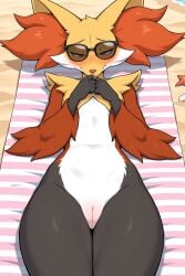 1girls 2026 ai_generated anthro beach black_fur blushing covered_nipples curvy_female curvy_figure delphox embarrassed embarrassed_nude_female female female_only flat_chest generation_6_pokemon half-closed_eyes hi_res high-angle_view inner_ear_fluff innie_pussy nintendo nude nude_female on_towel orange_eyes orange_fur outdoors pokemon pokemon_(species) pussy red_fur seaside shy sunglasses thick_thighs towel white_fur yellow_fur zonoya_(artist)