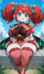 1female 1girls ai_generated belly_button big_breasts blue_eyes blue_sky blush breasts cloud clouds concrete cosplay curly_hair earrings female female_focus female_only freckles freckles_on_face grass hair hair_ornament hips hips_wider_than_shoulders lips lipstick looking_at_viewer navel pigtails pixai poppy_(poppy_playtime) poppy_playtime pyra_(cosplay) pyra_(xenoblade)_(cosplay) red_hair red_lips red_lipstick ribbons shortstack sitting sky slim_waist smile smiling smiling_at_viewer solo solo_female solo_focus thick_thighs thighs twintails urikoito white_skin wide_hips xenoblade_(series) xenoblade_chronicles_(series) xenoblade_chronicles_2