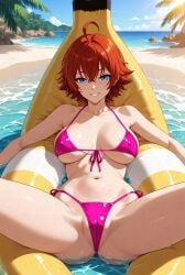 ai_generated banana beach big_breasts bikini blue_eyes blue_sky buoy exhibitionism looking_at_viewer original_character palm_tree pink_bikini red_hair smile smiling smiling_at_viewer spread_legs spreading_legs sunny