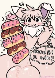 anthro balls big_balls big_penis blush bodily_fluids brown_body brown_fur canid canine dessert digital_media_(artwork) doughnut eevee english_text erection floppy_ears folded_ears food food_fetish food_play foreskin fur generation_1_pokemon genital_fluids genitals hair huge_balls huge_penis humanoid humanoid_genitalia humanoid_penis improvised_sex_toy kovee male mammal nintendo open_mouth pastry penis pokemon pokemon_(species) precum presenting shiny_pokemon simple_background smile solo sunspikevee tail text thick_thighs